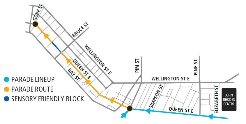 Map of the parade route along Queen Street; starting at Pim Street and running to Gore Street. The Parade lineup is also shown, lined up on Queen Street, east of Pim Street as far as it needs to run. The sensory-friendly block is between Bruce and Dennis streets.