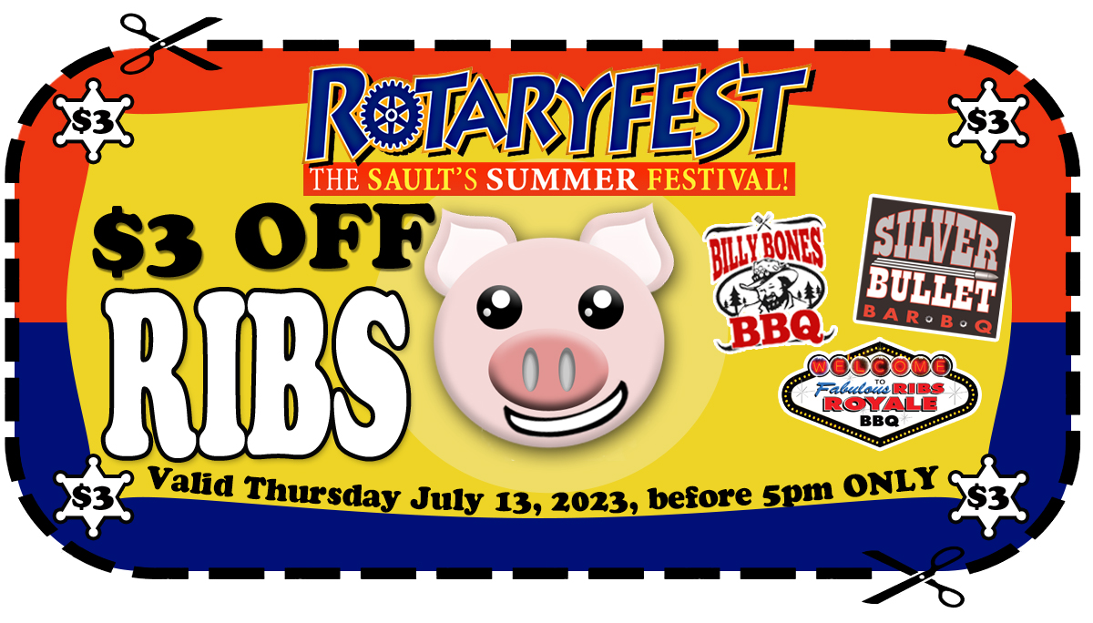 Rotaryfest $3 off ribs coupon. Valid Thursday July 13, 2023, before 5 P.M. only.